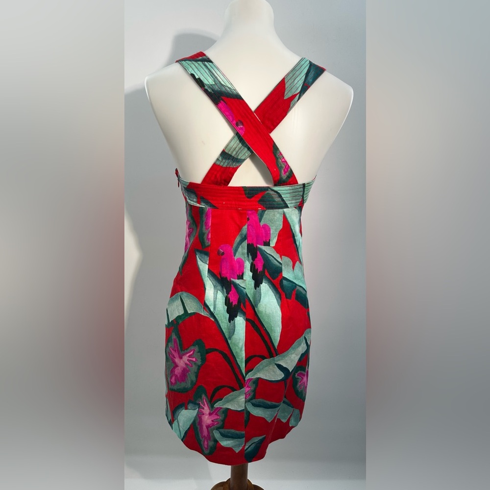 Farm Rio Summer Foliage Linen Mini Dress XS Button Front Tropical Crossback Red - Picture 8 of 12